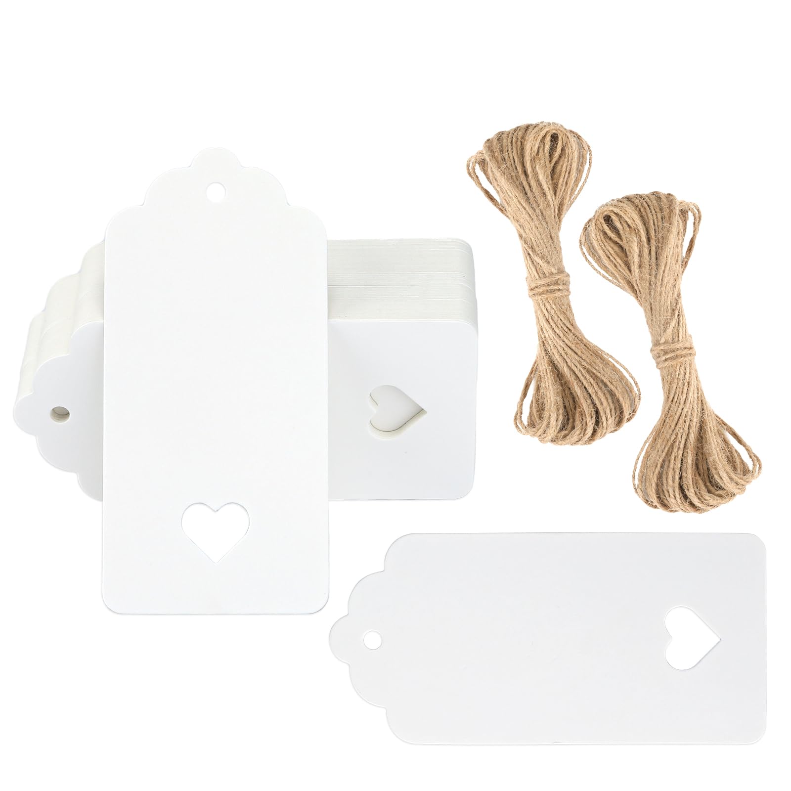 G2PLUS Gift Tags with String, 100PCS Hollow Heart Gift Tags, 3.7x1.8 in Blank Label Hang Tag, Heart Wedding Favors Tag, White Paper Hangtags for Valentine's, Mother's Day, Christmas Party Favors