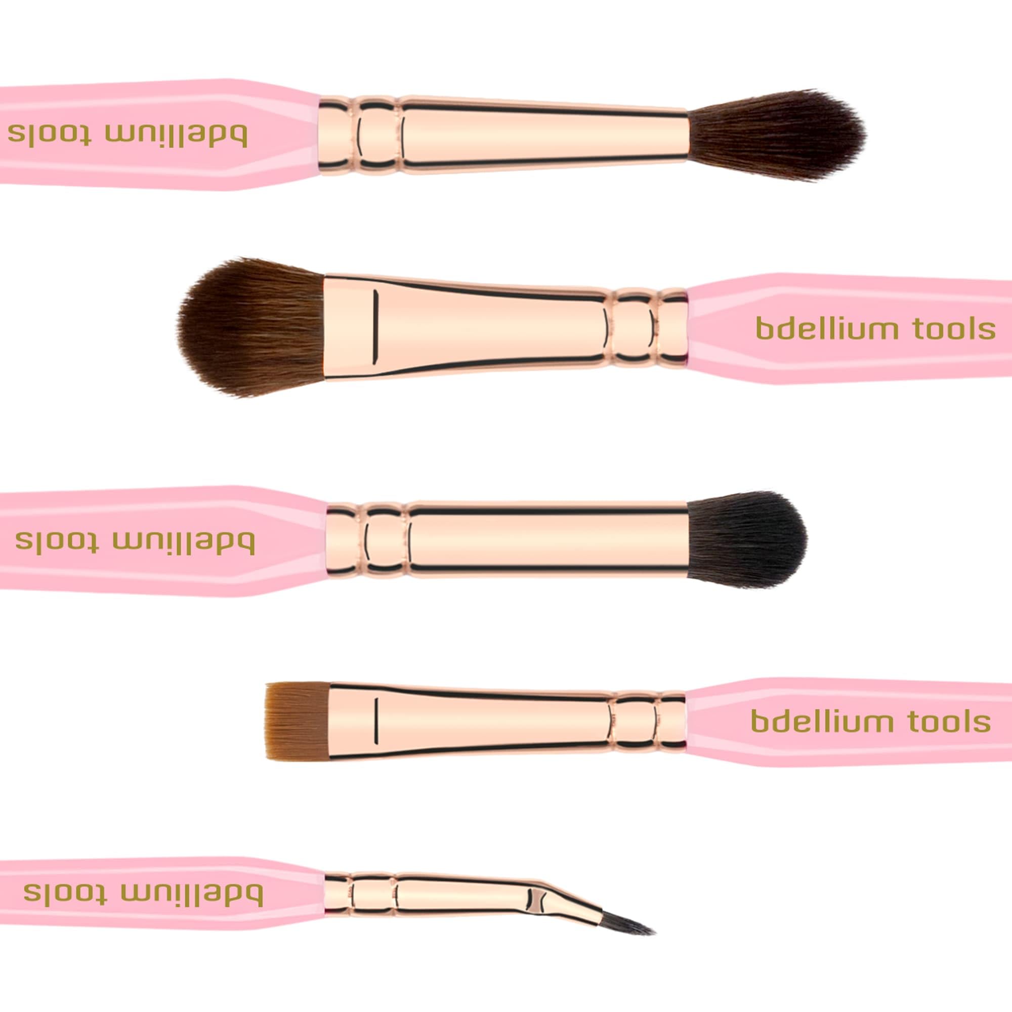 Bdellium Tools Lot de 5 pinceaux de maquillage triangulaires rose doré – Kit de pinceaux essentiels polyvalents pour les yeux avec poils synthétiques doux et virole en laiton or rose pour une gamme de