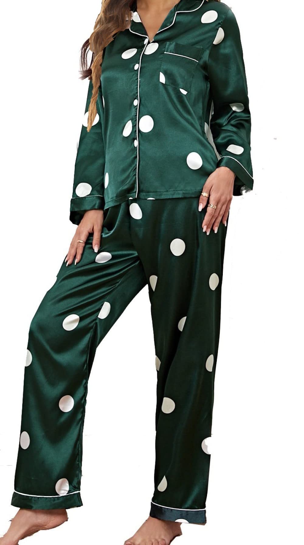 Pijamas Para Mujer Conjunto De Pijama De Poliéster Con Estampado De Lunares De Color Verde Oscuro Para Mujer Conjunto De Pijama De Manga Larga Cómodo Para Mujer Conjunto De Dos Piezas Regalo De Fe
