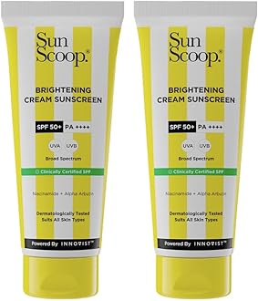 SunScoop Brightening Daily Sunscreen SPF 50 With Niacinamide + Alpha Arbutin for Radiant Skin | PA++++, Broad Spectrum, Non-Comedogenic, No White Cast | Ideal for All Skin Type | 45g(Pack of 2)