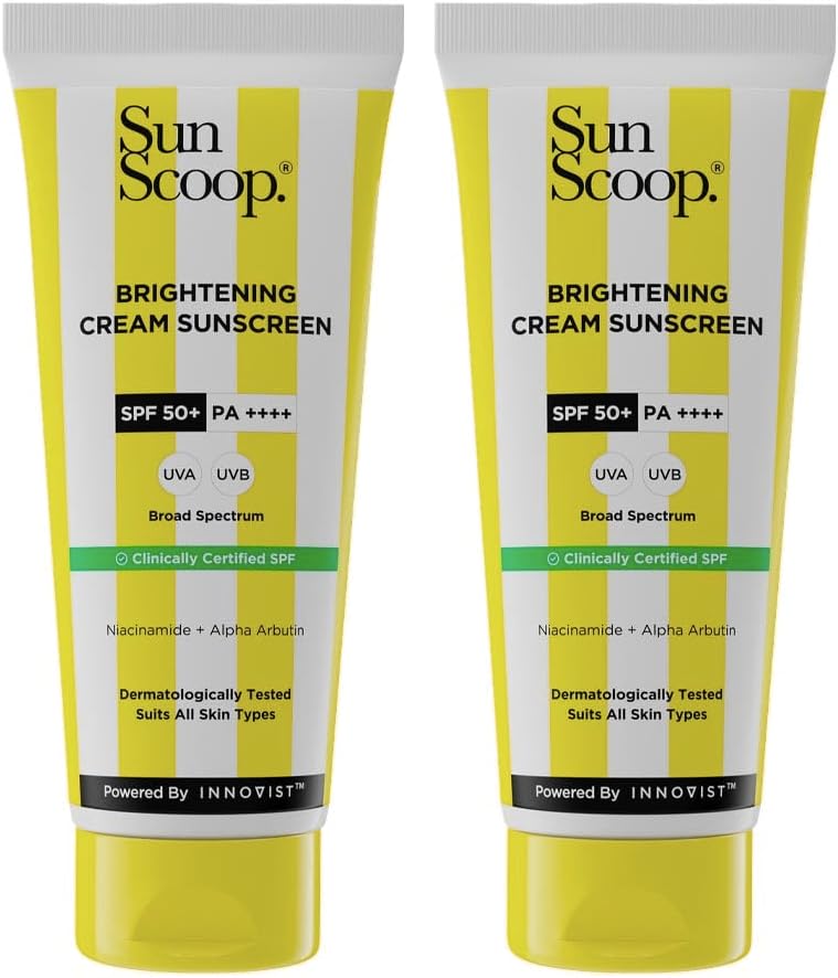 SunScoop Brightening Daily Sunscreen SPF 50 With Niacinamide + Alpha Arbutin for Radiant Skin | PA++++, Broad Spectrum, Non-Comedogenic, No White Cast | Ideal for All Skin Type | 45g(Pack of 2)