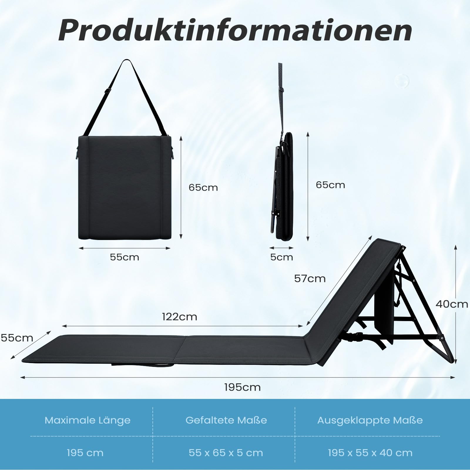 UDPATIO 2er Set Strandmatte mit Rückenlehne 195 cm, Strandstuhl, Verstellbare Strandliege Klappbar Leicht, Faltbare Sonnenliege für Strand, 150kg Belastbar, Sonnenmatte Gepolstert mit Tasche, Schwarz