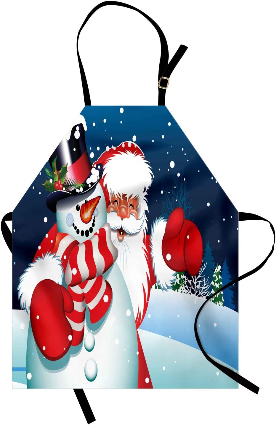 ABAKUHAUS Christmas Apron, Smiling Santa Claus Hugging Snowman in Cartoon Style Winter Hills Fir Trees, Unisex Kitchen Bib Apron with Adjustable Neck for Cooking Baking Gardening, Blue Red White
