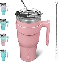 Vista 85 de BJPKPK - Vaso de 10 onzas con asa, vaso aislado con tapa y pajilla de acero inoxidable, taza de viaje para café, color lavanda