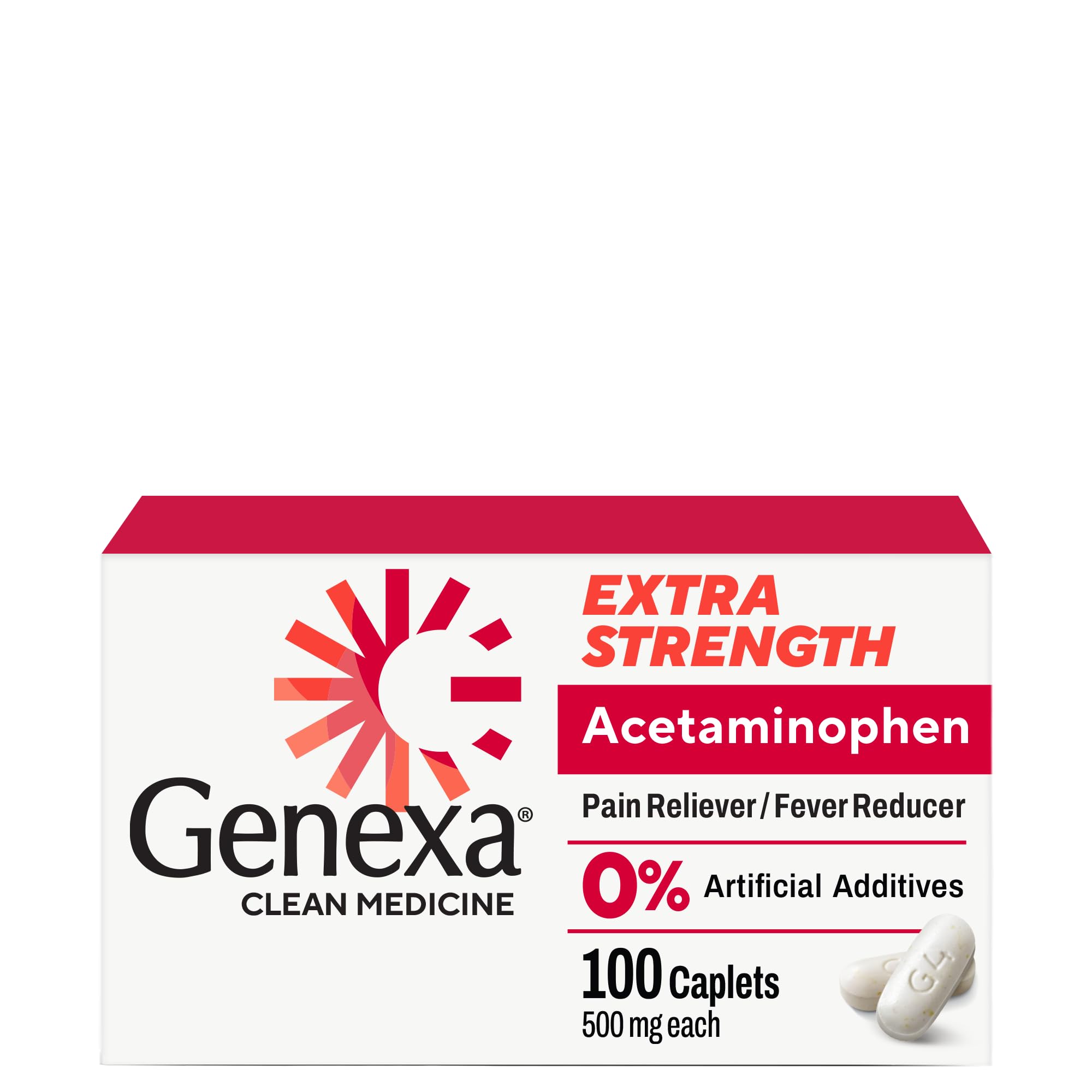 Amazon.com: Genexa Clean Acetaminophen 500mg Extra Strength, Dye Free Pain  Reliever Fever Reducer, 0% Artificial Additives, Pain Medicine for Adults,  Relieves Headache, Backache, Minor Arthritis Pain, 100 Tablets : Health &  Household