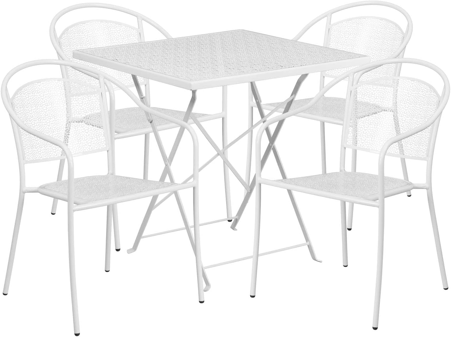 Flash Furniture Oia Commercial Grade 28" Square White Indoor-Outdoor Steel Folding Patio Table Set with 4 Round Back Chairs