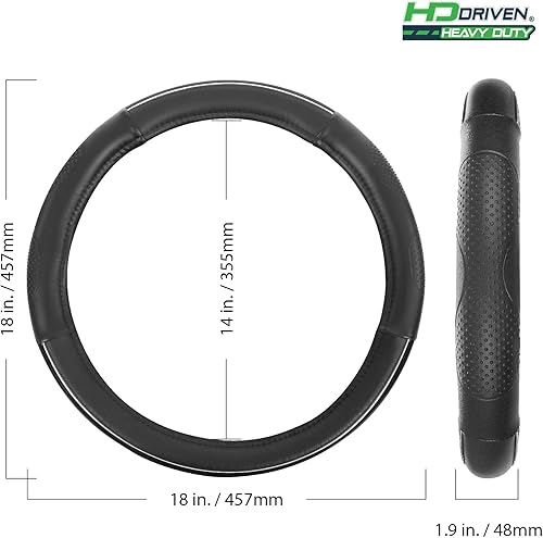 Miniatura 6 de HD Driven SWC - Funda de volante de piel negra con agarre de masaje, 18 pulgadas de diámetro para semircamiones, núcleo de goma acanalado y cuero de