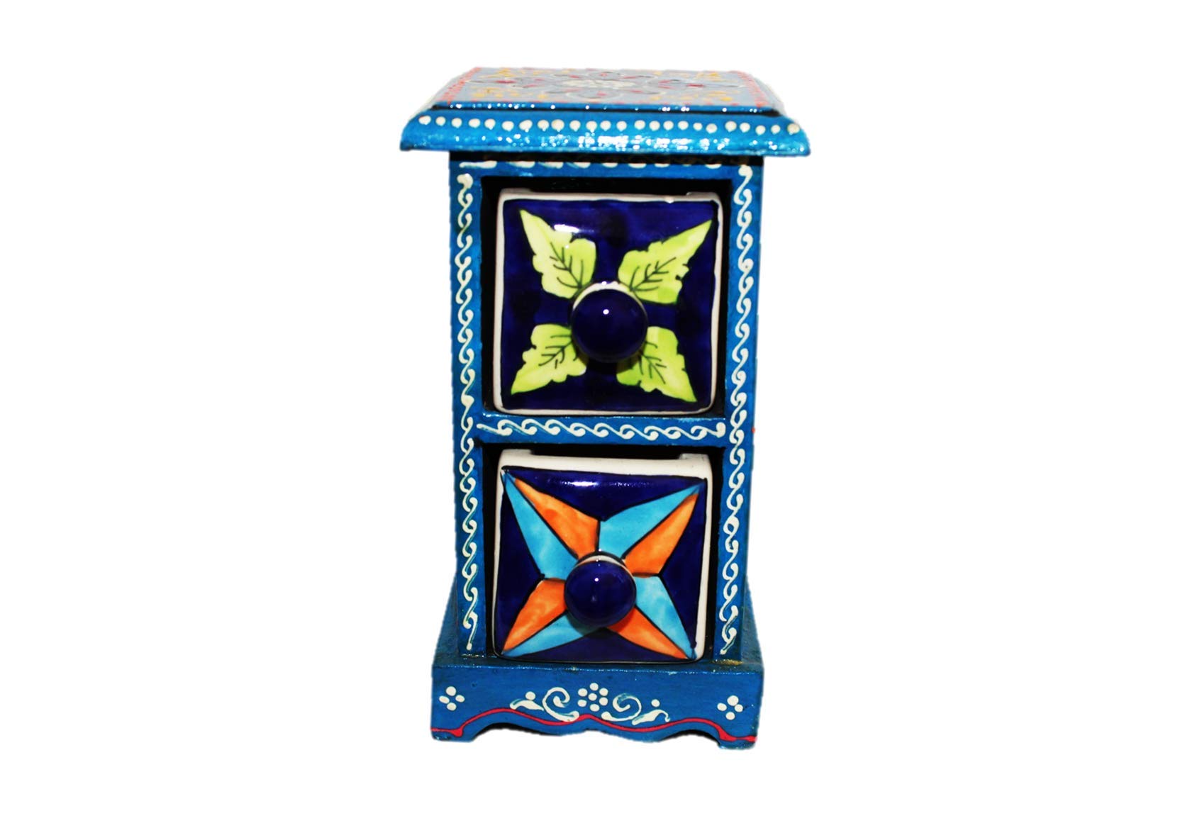 SHRIYAM CRAFT Embossed Painting Handmade Wooden and Ceramic 2 Drawers Small Chest Jewellery Organizer Desk Table (Blue)-image-28