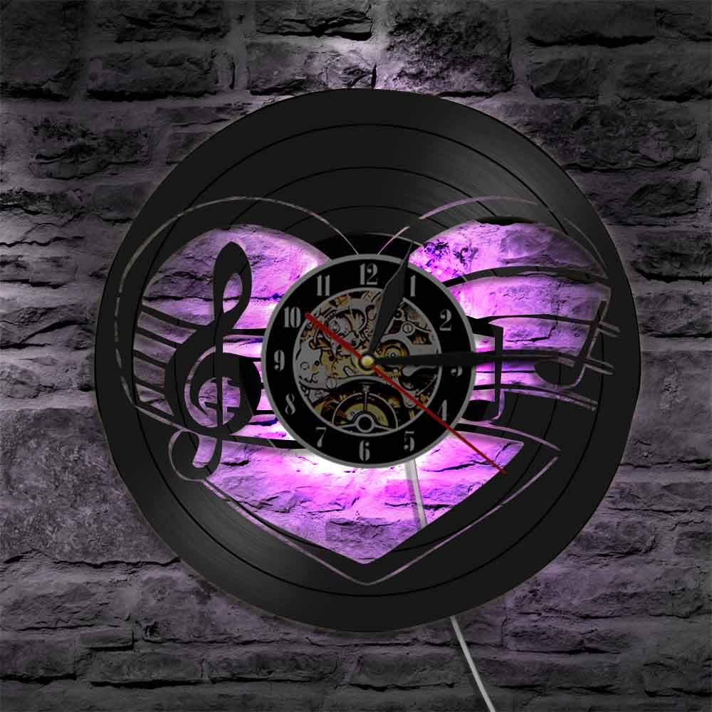 Note musicali Cuore Orologio con disco in vinile Chiave di violino Cuore Orologio da parete Musica Studio Decorazione della parete della stanza Musicisti Regalo di San Valentino Regali per la festa