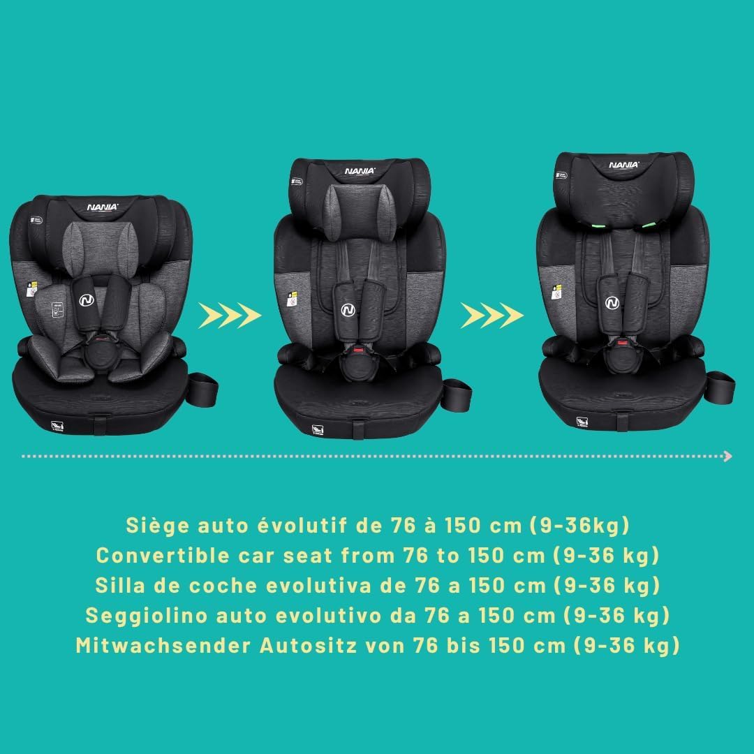 Nania - Milano, Seggiolino auto ISOFIX, evolutivo 76-150 cm, da 9 a 36 kg, da 15 mesi a 12 anni, Testiere regolabile 12 livelli di regolazioni, Protezioni laterali, Fodera rimovibile e lavabile, Porta