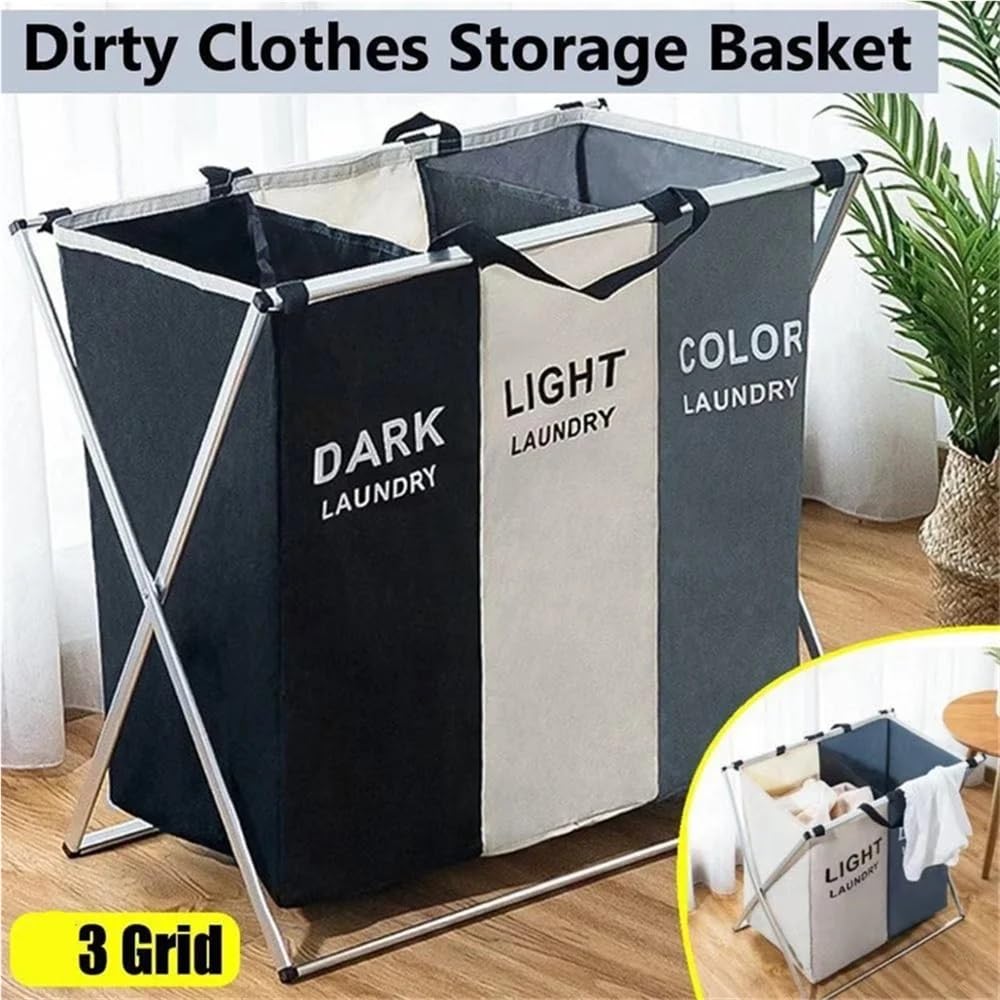 Wäschekorb mit 3 Fächern, faltbar, Organizer für schmutzige Kleidung, Badezimmer, wasserdichter Aufbewahrungskorb, großer Wäschekorb, drei Gitter (3 Fächer)