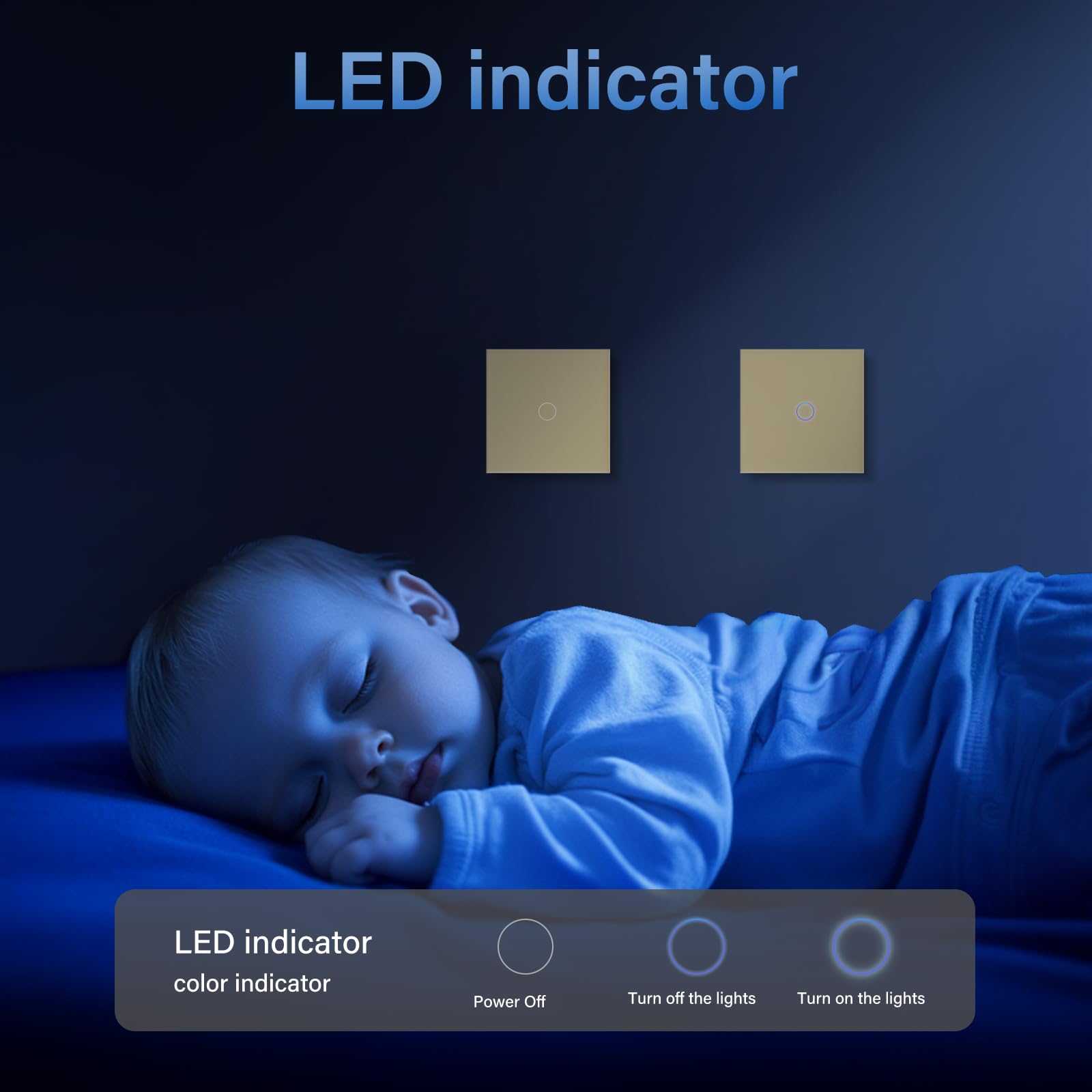 BSEED Touch Przełącznik światła, panel ze szkła hartowanego ze wskaźnikiem LED, 1-krotny 1-drożny przełącznik dotykowy Złoto, bez przewodu neutralnego 500 W