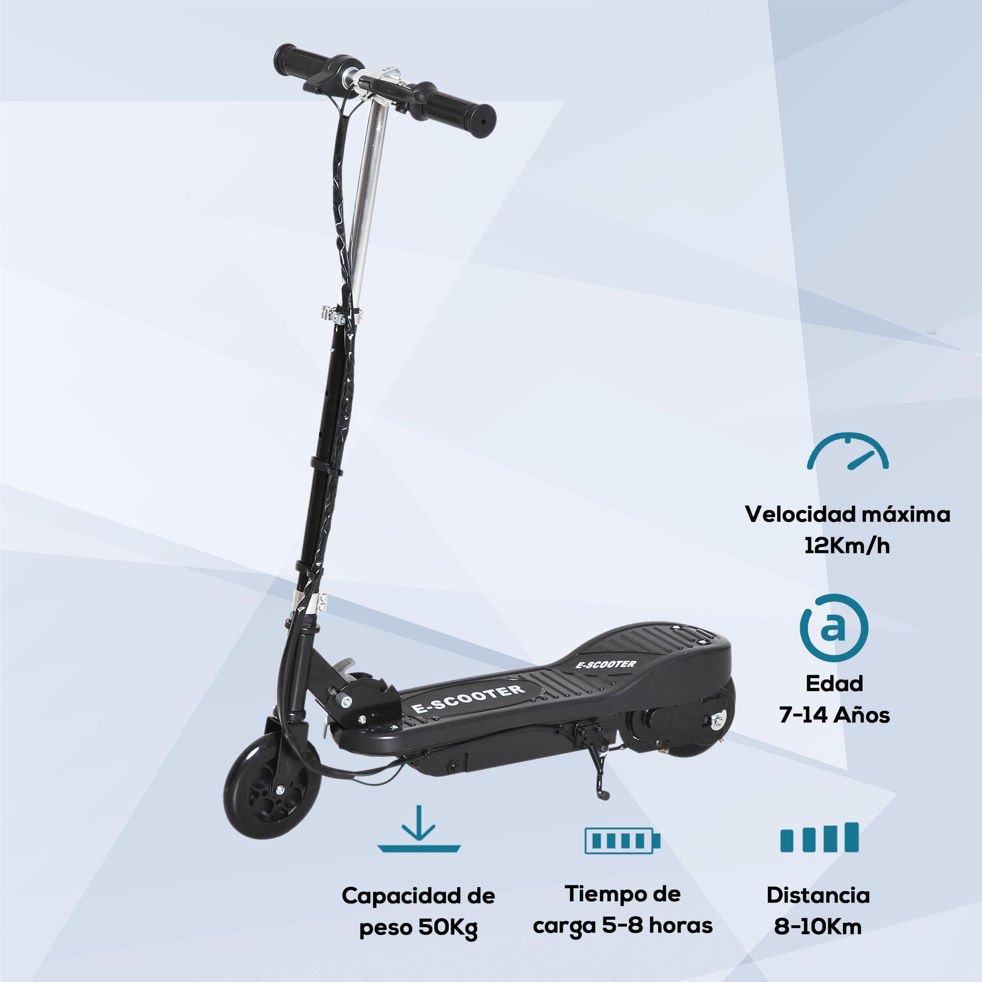 HOMCOM Patinete Eléctrico para Niños de +7 Años Scooter Plegable con Altura Ajustable Batería Recargable 24V Velocidad hasta 12 km/h y Freno Carga 50 kg 74x36x82,5-92,5 cm Negro