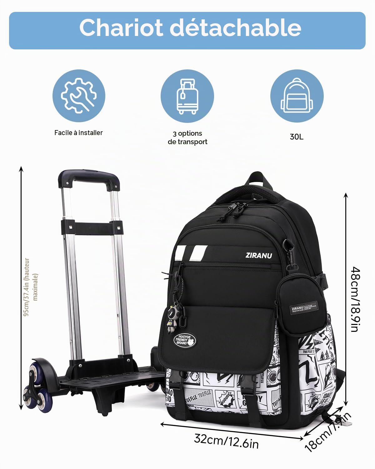 Tanou Sac Dos Roulettes pour Garçons, 28L Cartable Roulette Garcon pour Adolescents, Sac d'école College Noir Trolley Détachable avec Porte-monnaie, 6 Roues