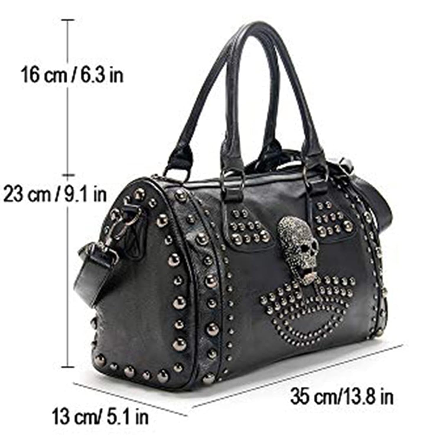 Womens czaszka torebka duża pojemność Gothic torba na ramię z okuciami Doktor torebka, czarny - czarny - 1