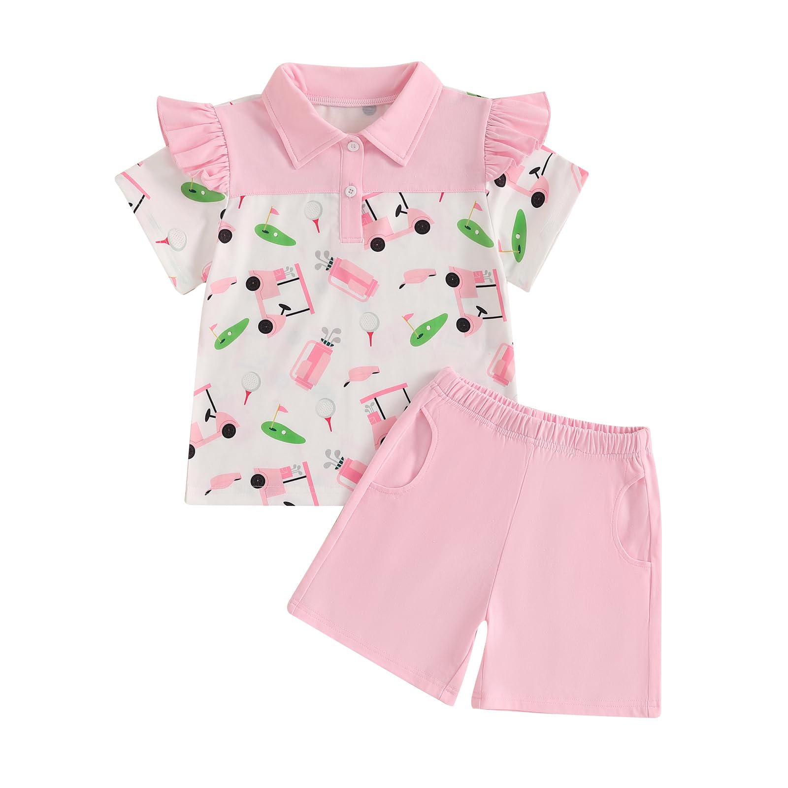 Motlapol Toddler Girl Golf Outfit Golf Cart Print Ruffle Short Sleeve Button Up Polo Shirt Shorts Infant Summer Clothing Set (Pink, 4-5T)