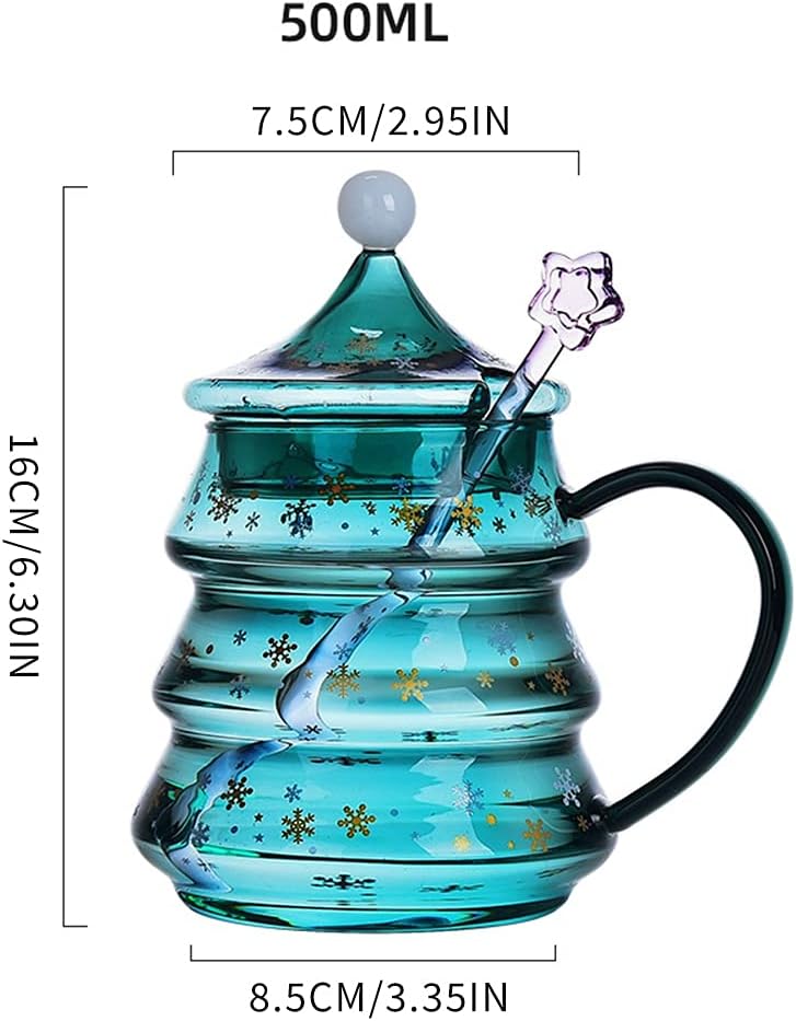 Ochine Cute Mugs Christmas Coffee Glass Mug Tea Cup Milk Cup Christmas Tree Shaped Double Wall Coffee Mug Espresso Cups with Dipper and Lid Cover Christmas Decoration Xmas Gift for Kids Adults