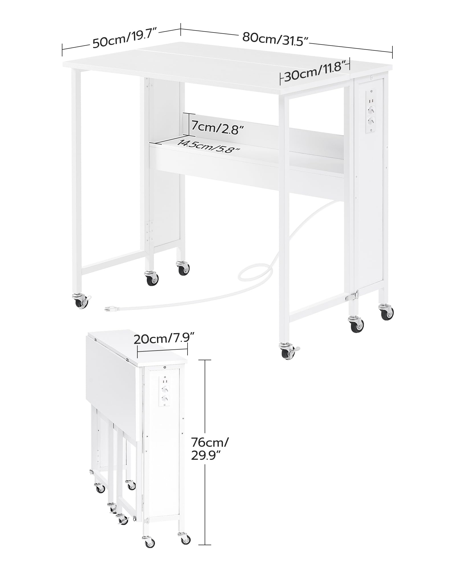 CHOEZON Tavolo pieghevole per computer con ruote, piccolo tavolo pieghevole con base di ricarica, 80 cm, scrivania pieghevole per piccoli spazi, soggiorno, camera da letto, bianco DTDN01CWB