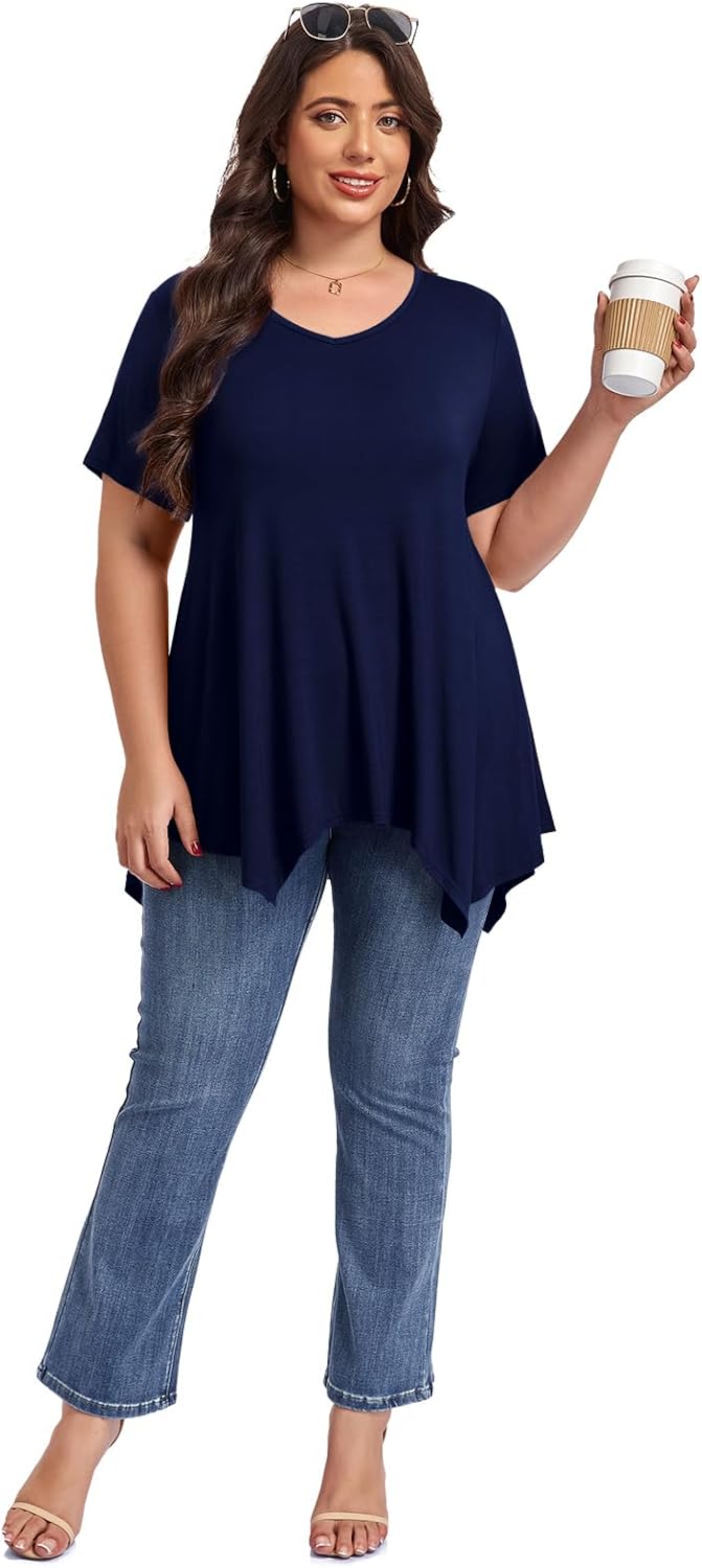 LARACE Plus Size Tops for Womens Summer Clothes Short Sleeve Shirts Casual V Neck Tunic Asymmetrical Blouses - Image 5