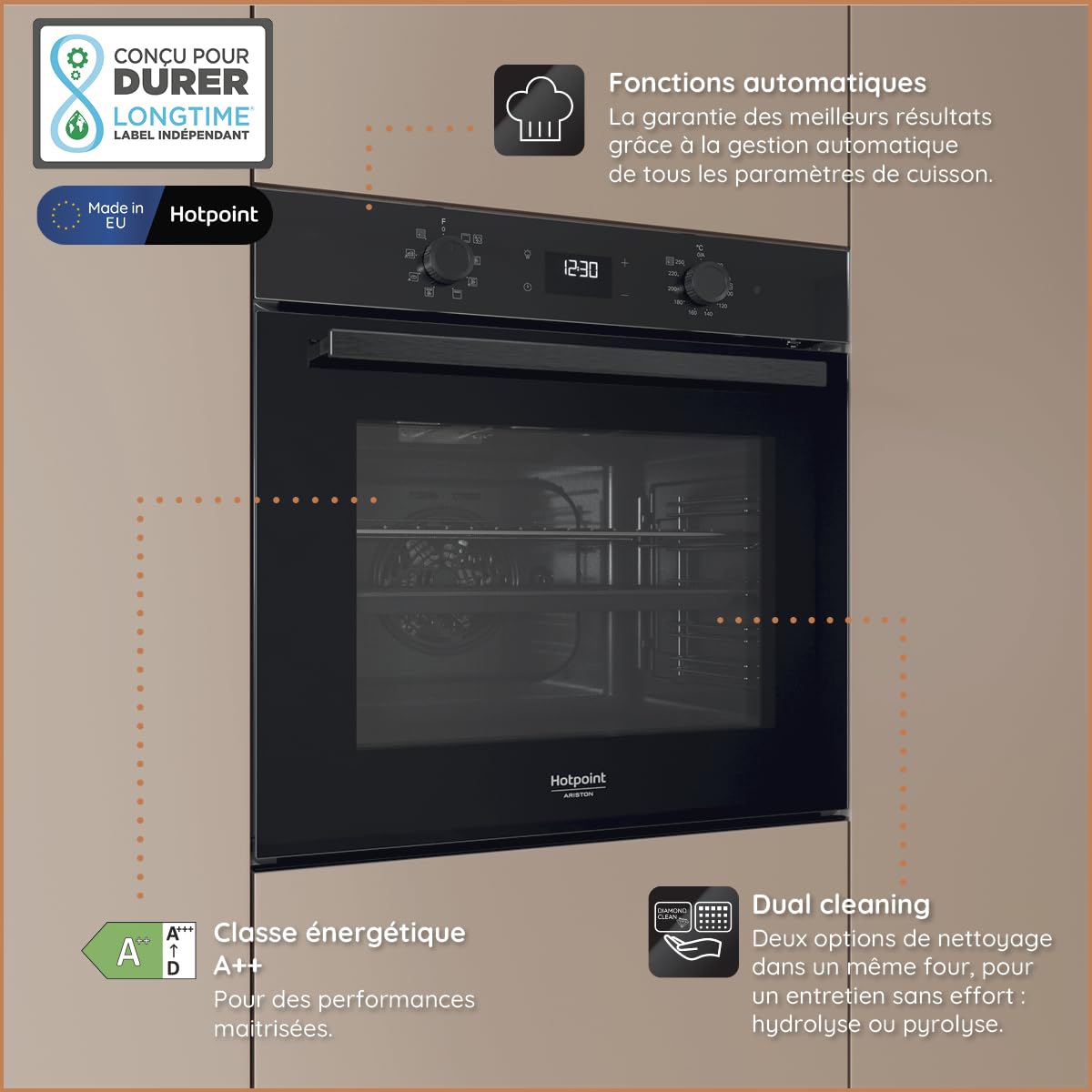 Hotpoint - HAO475PB Four Encastrable Pyrolyse 71L - Multifonction, Nettoyage Pyrolytique et Hydrolytique - Fonctions Automatiques - Classe Énergétique A++ - Noir