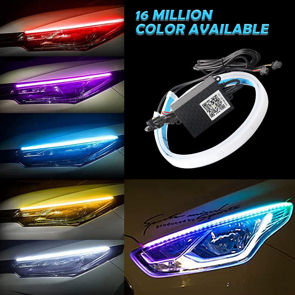 Samochodowy reflektor LED pasek światła 45 cm sterowanie aplikacją elastyczna zewnętrzna samochód światło do jazdy dziennej pasek z kierunkowskazami RGB IC kolor snów wodoodporne neonowe światła przełączające, 2 sztuki