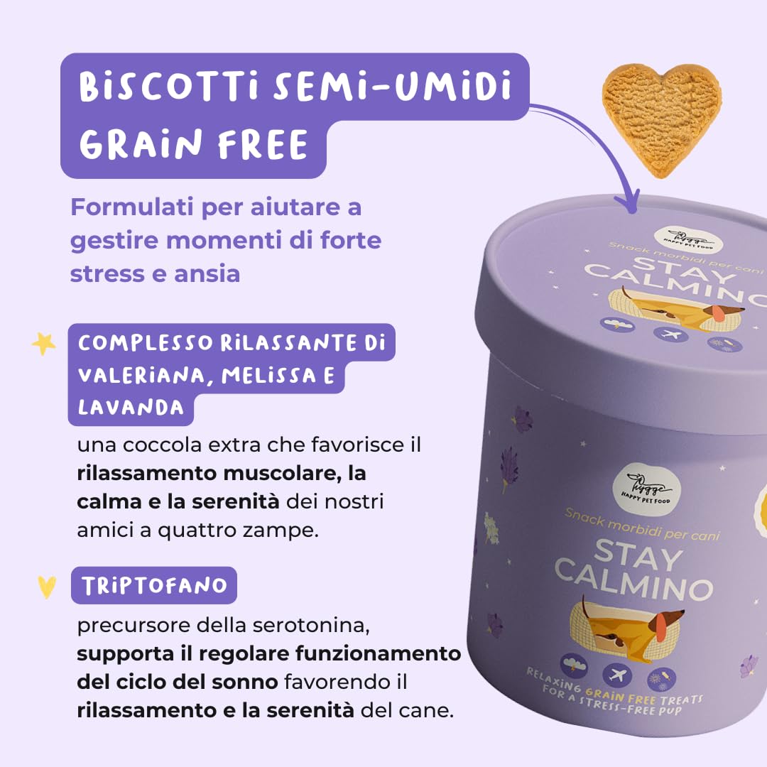 Hygge Dog Stay Calmino Biscotti Rilassanti Semi-Umidi per Cani | Snack Naturali con Valeriana, Melissa e Lavanda | Biscotti Senza Glutine Ideali per Stress, Viaggi e Temporali | 3x100g Made in Italy