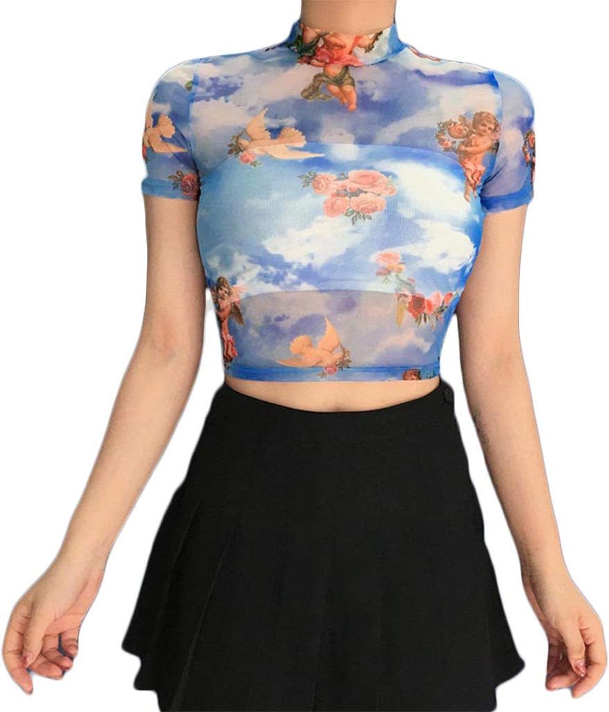 Lazzboy Women Women's See-Through Transparent Print/Lace Party Club Blouse