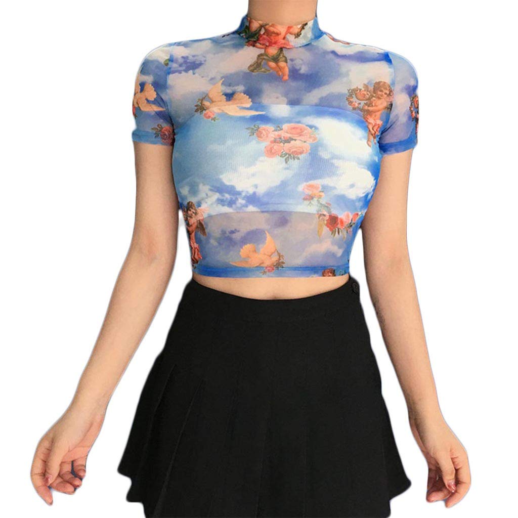 Lazzboy Women Women's See-Through Transparent Print/Lace Party Club Blouse