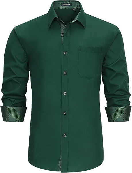HISDERN Mens Business Dress Shirts Long Sleeve Casual Button Down Shirt Formal Inner Collar Contrast Shirt for Men Wedding
