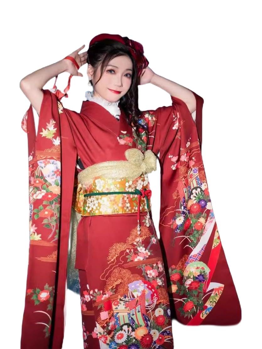 Damskie tradycyjne kimono haftowane Pretta Showa Retro Kimono, kwiaty, Kimono, długi, wiosenny zestaw 2 szt