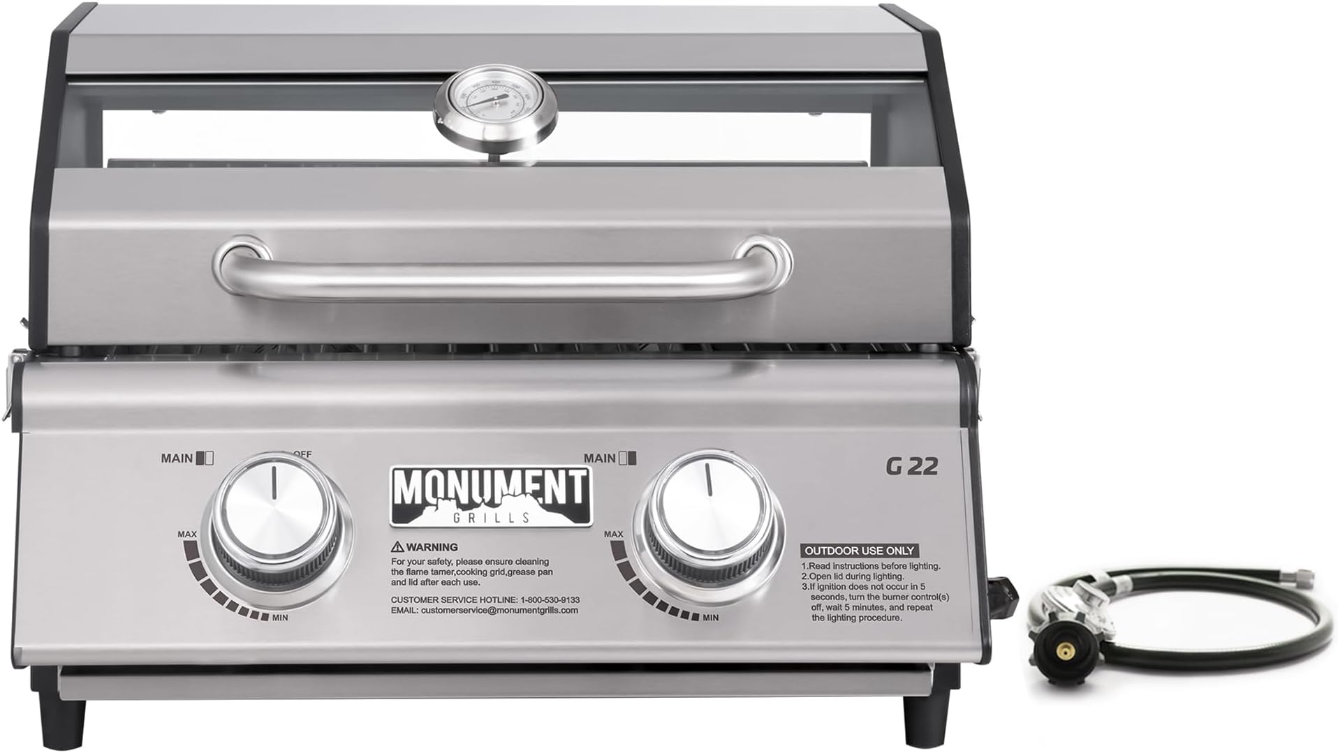 Monument Grills Clearview 2-Burner Tabletop Propane Gas Grill for Outdoor Portable Camping Cooking with Travel Locks, Stainless Steel High Lid, and Built in Thermometer