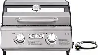 Churrasqueira a gás propano portátil com 2 bocas Clearview® Monument Grills para acampamento ao ar livre, dois queimadores de 15.000 BTU, aço inoxidável e termômetro embutido