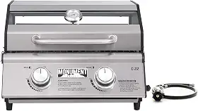 Churrasqueira a gás propano portátil com 2 bocas Clearview® Monument Grills para acampamento ao ar livre, dois queimadores de 15.000 BTU, aço inoxidável e termômetro embutido