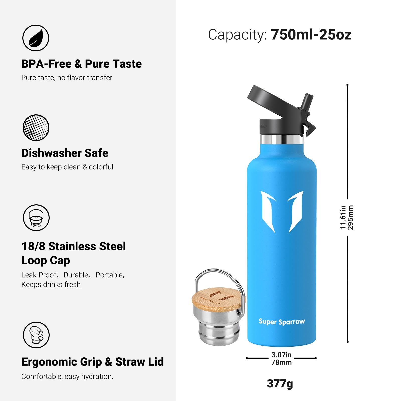 Super Sparrow Borraccia Termica - Bottiglia Termica Senza Perdite - 350ml/500ml/620ml/750ml/1L - Senza BPA Borracce Bambini - Per Scuola, Sport, Campeggio, Palestra, Ciclismo - Con 2 Tappi