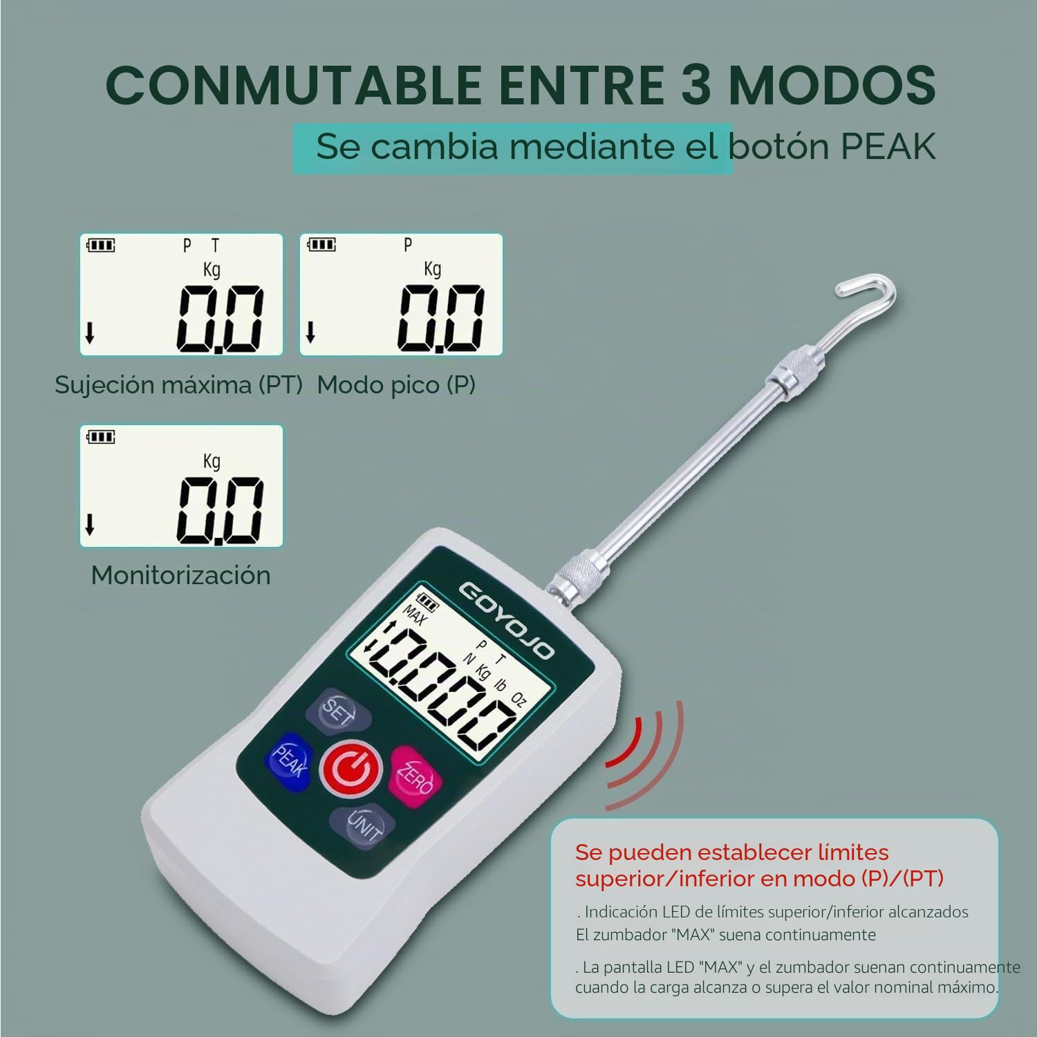 GOYOJO Medidor de Fuerza Digital, Dinamometro Push-pull de Alta Precisión para Ensayos de Tensión y Compresión Unidades (N, kg, lb, oz) Modos Tiempo Real/Pico/Primer Pico para Control de Calidad (50N)