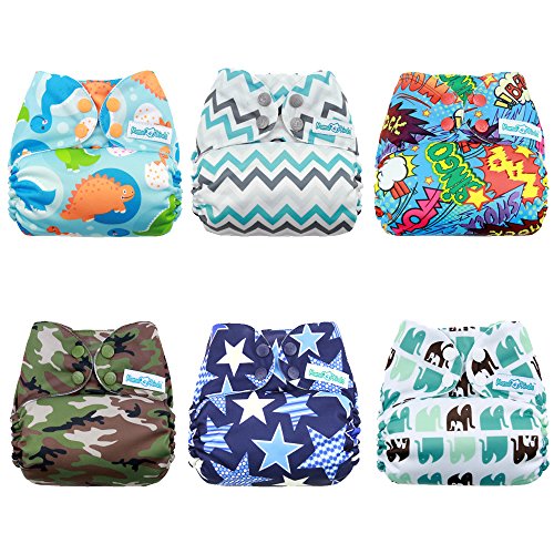 Mama Koala 3.0 Cloth Diapers for Babies with AWJ Lining, 6 Pack with 12 5-Layer Bboo(No Microfiber) Cloth Diaper Inserts - Reusable and Washable Pocket Diapers(12-My Warm Heart)