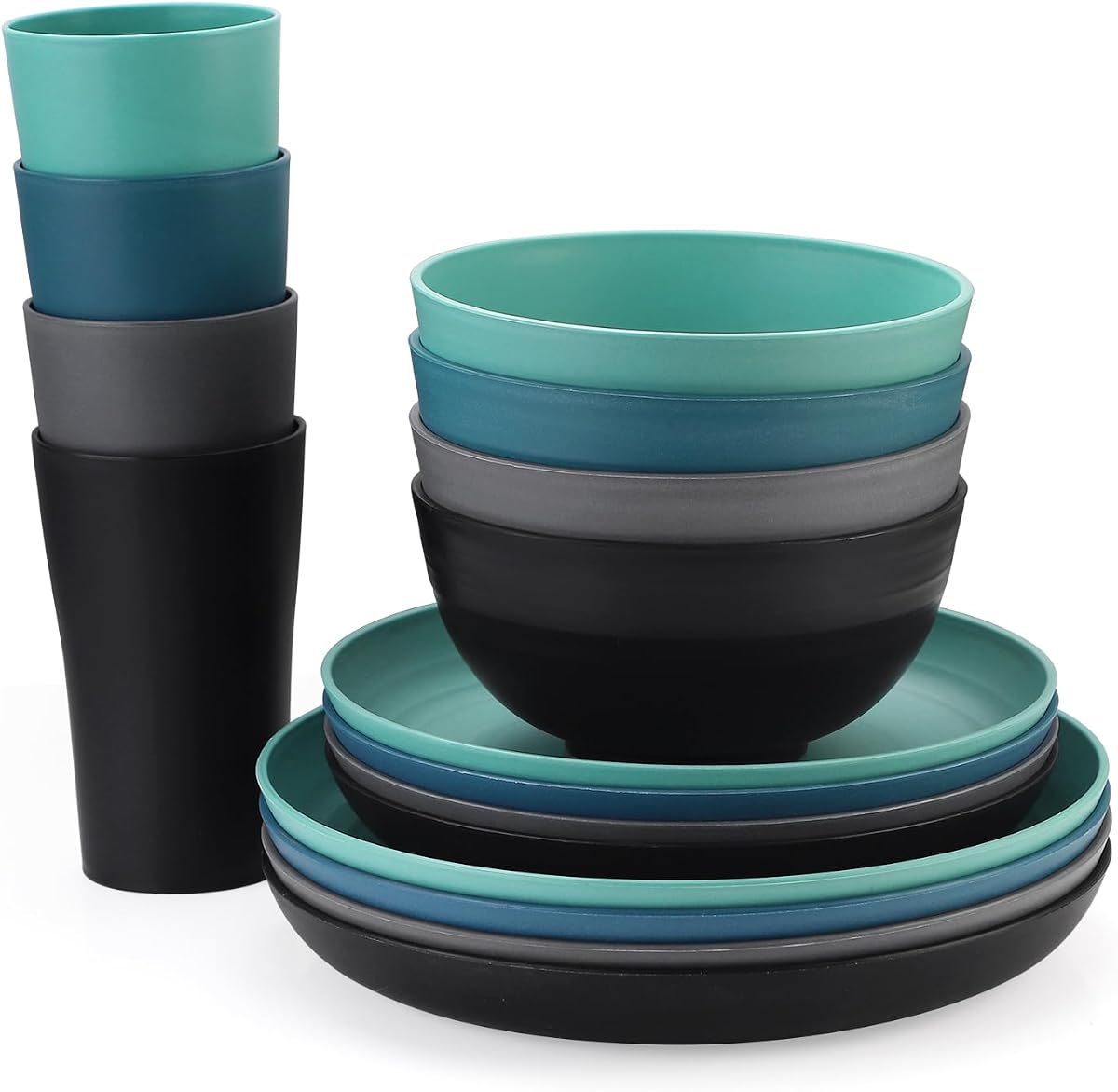 Juegos de vajilla de paja de trigo, 16 piezas de platos, juegos de vajilla aptos para microondas y lavavajillas, juego de platos ligeros e irrompibles, platos reutilizables, platos y tazones para niños, juegos y tazas (multicolor)
