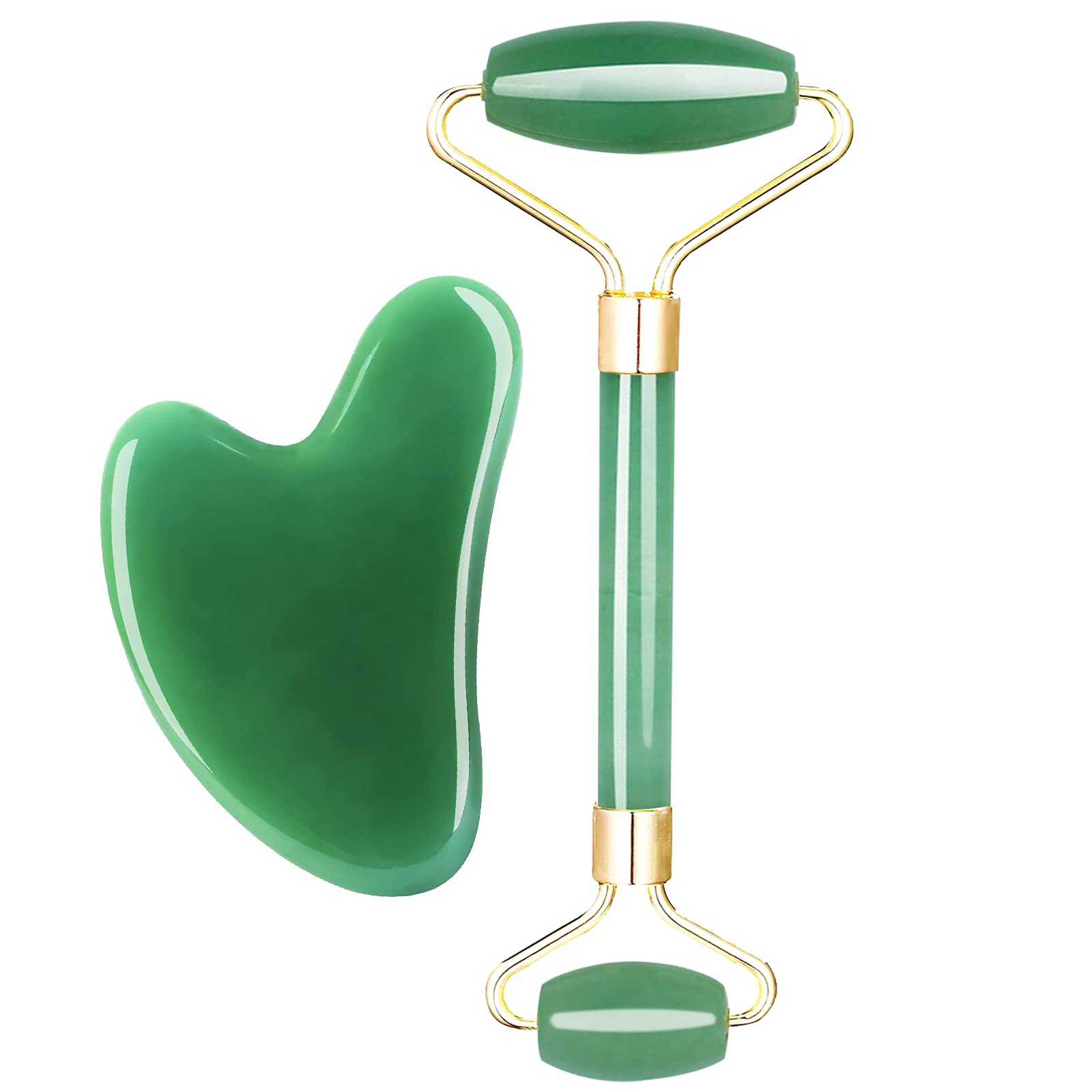 KISSOONGua Sha Massage Facial Tool - Anti-aging jade roller and Gua sha Set for Face, Eyes, Neck Body Skin Care - Natural Jade Stone Guasha Tool Set - Green