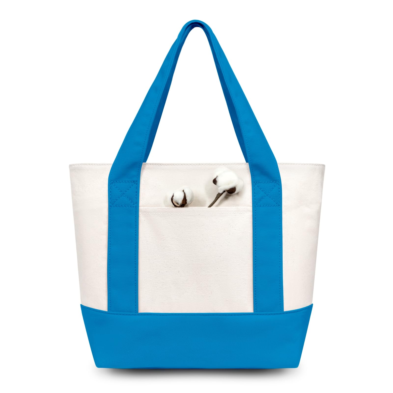 TOPDesign 12-Pack Small Canvas Tote Bags with an External Pocket, Reusable Bags, Top Zipper Closure, Daily Essentials (Ocean Blue/Natural)