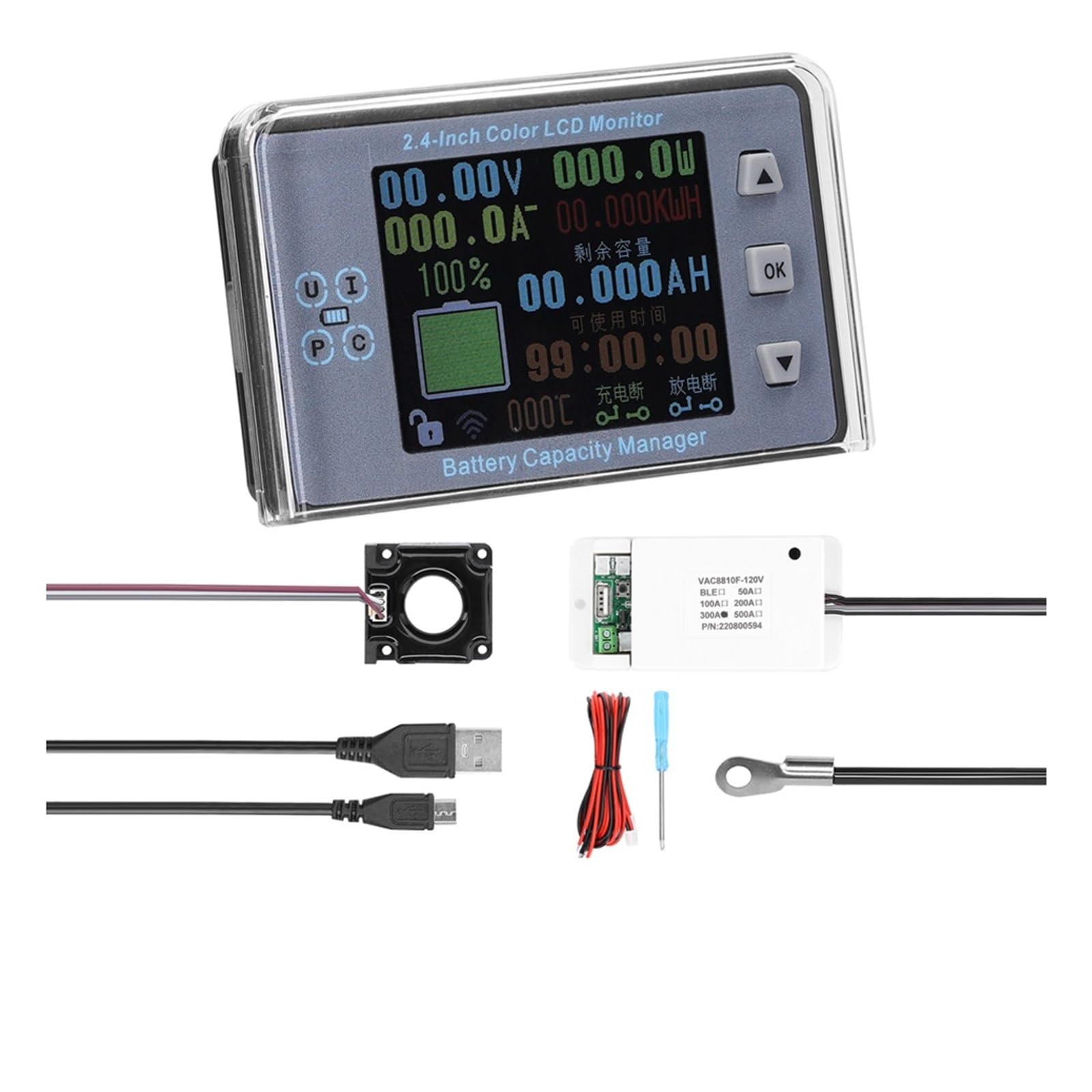 Comprobador de Batería, Coulómetro de batería VAC8810F 300A, amperímetro inalámbrico, voltímetro, Detector de potencia de batería, probador de capacidad de batería, Monitor de batería(Waterproof Cover