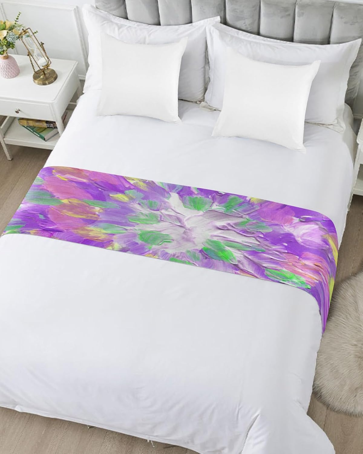 Bed Runner Scarf, Abstract Art Oil Painting Watercolor Purple Ombre King Bed Bedding Scarves Cover Decorative Bed Scarf for Home Hotel Guesthouse Bedroom Wedding Room Guestrooms 71"x20"