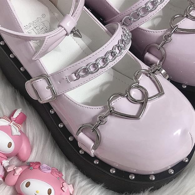 Image of Women's Platform Mary Janes Heart Cat Buckle Rivets Ankle Lolita Gothic Princess Platform Pumps Patent Leather Thorn Vintage Traditional Embroidery Upper Dress Shoes
