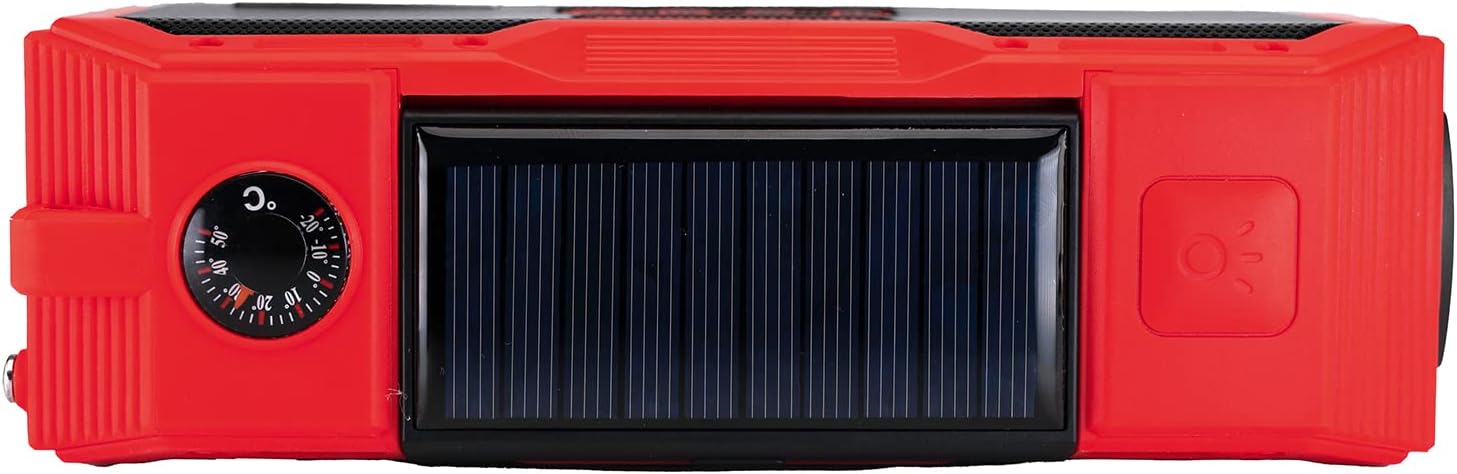 Top view of the Albrecht DR 112 radio, showing the solar panel and the analog thermometer.