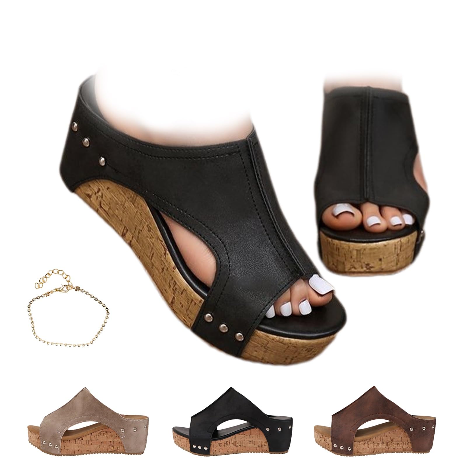 Cork Wedges for Women,Women's Comfy Leather Wedge Non-Slip Platform Slides,Summer Thick Sole Lightweight Sandals(Black,US 9.5)