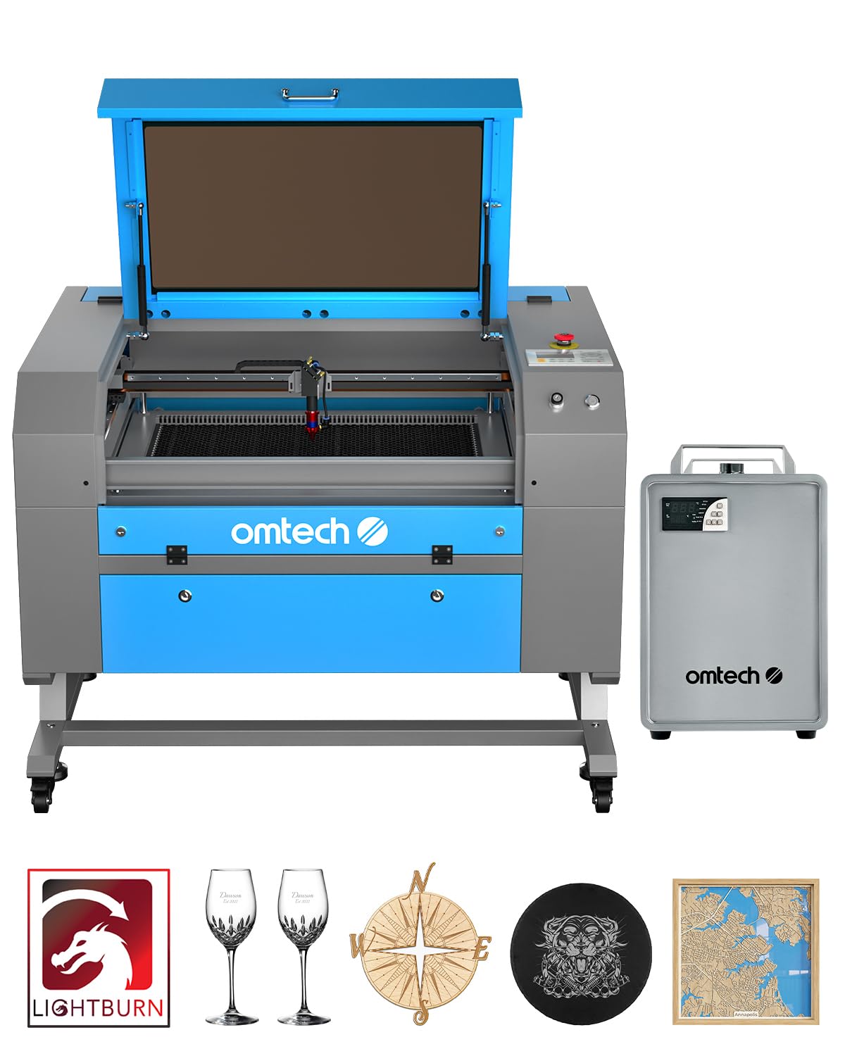 OMTech 60W CO2 Laser Engraver with LightBurn and Water Chiller, 20"x28" Laser Engraving Cutting Machine with Autofocus Autolift 4 Way Pass Air Assist, Commercial Laser Cutter for Wood Acrylic More