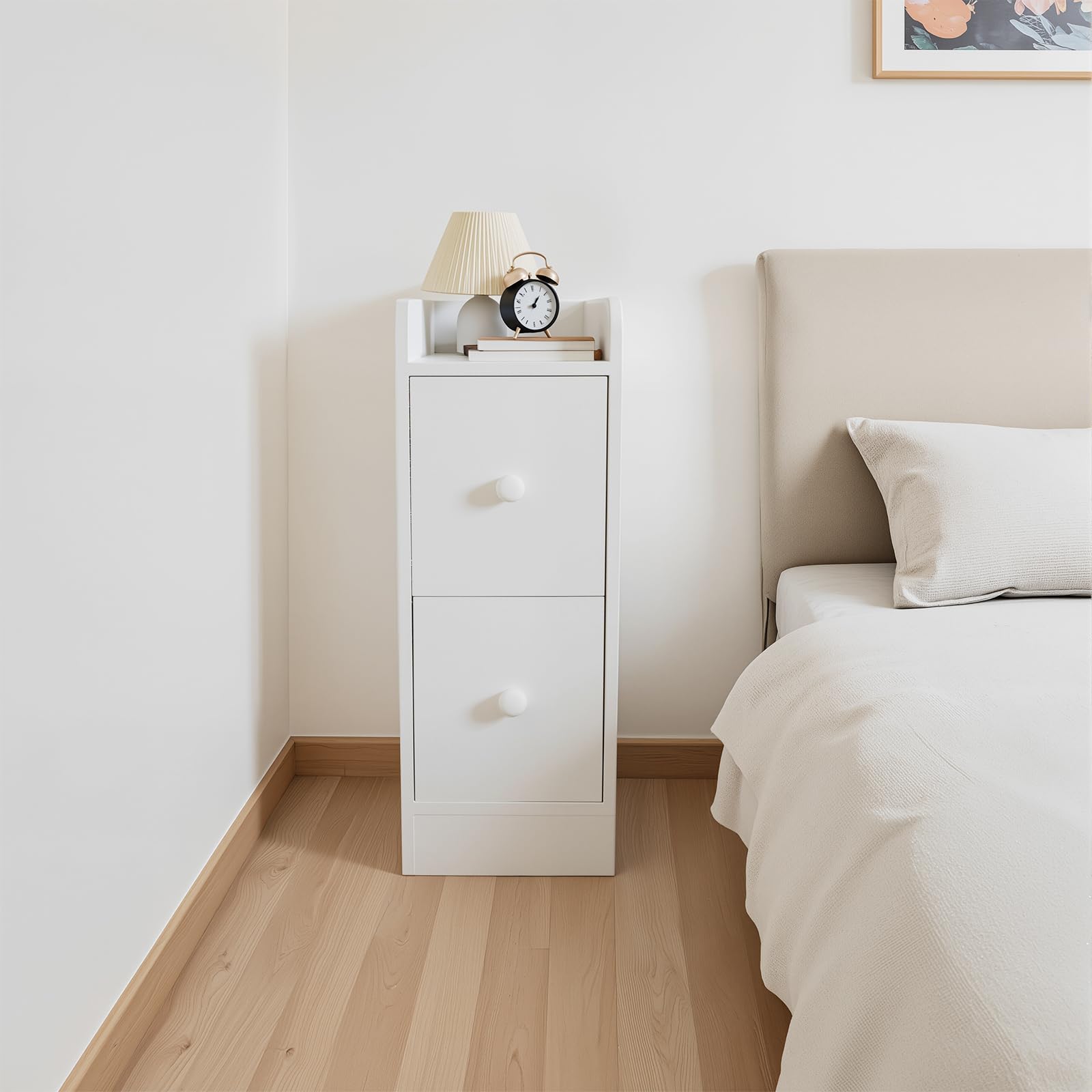 Comodino stretto Comodini piccolo Comodino con 2 cassetti per camera da letto, soggiorno Bianco
