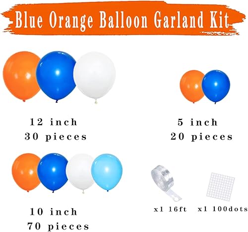 Miniatura 6 de Kit de arco de guirnalda de globos azules, naranja y blanco, 122 globos blancos de color azul rey y naranja para cumpleaños, baby shower,