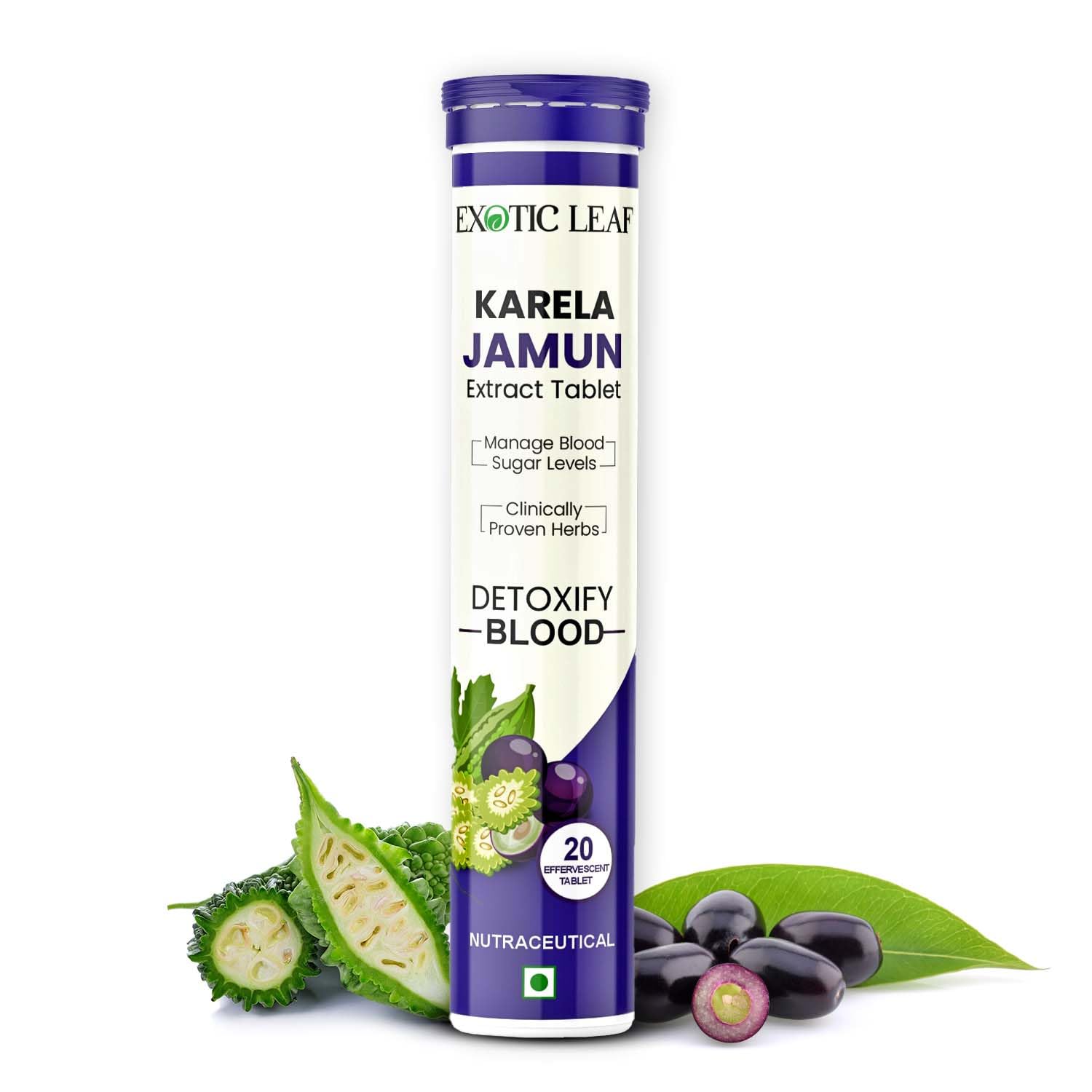 Karela Jamun Fizz Effervescent Tablets for High Sugar Support | Herbal Diabetes Care | Supports Healthy Glucose Levels & Digestion | Karela Jamun Juice Tablets, 20 Tablets (Pack of 1)