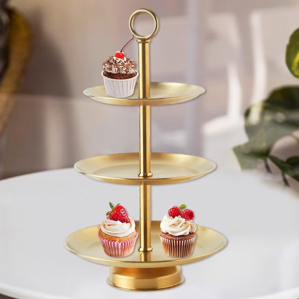 Présentoir de service à 3 étages en acier inoxydable – Plateau rond élégant pour desserts et gâteaux pour mariages, anniversaires et fêtes – Parfait pour les goûters et les divertissements