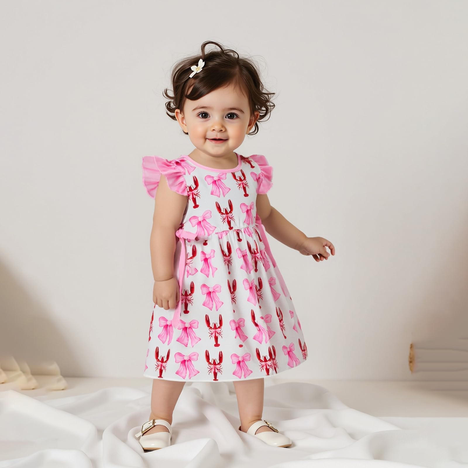 Lenjindjer Toddler Baby Girl Summer Outfit Fly Sleeve Crew Neck Bow Crawfish Print Dress Infant A-line Party Lobster Dresses (Pink, 6-12 Months)